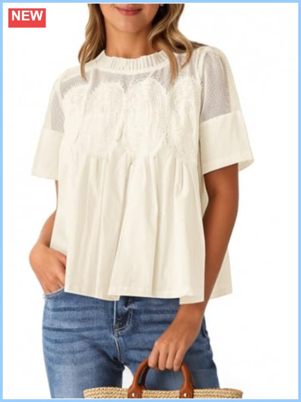 Women's Lace Babydoll Blouse Short Sleeve Ruffle Neck Flowy Peplum Top